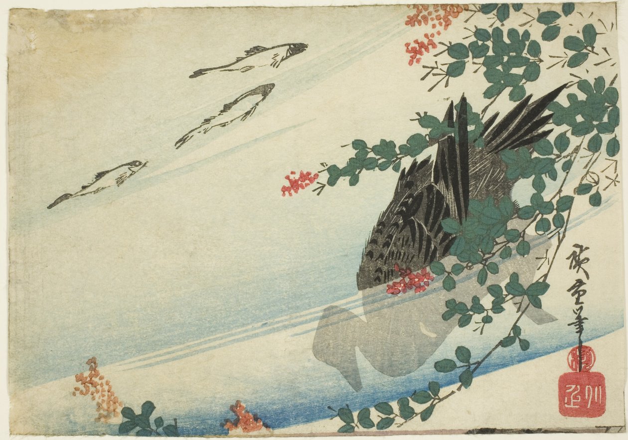 Pstrągi, kaczka i koniczyna autorstwa Utagawa Hiroshige