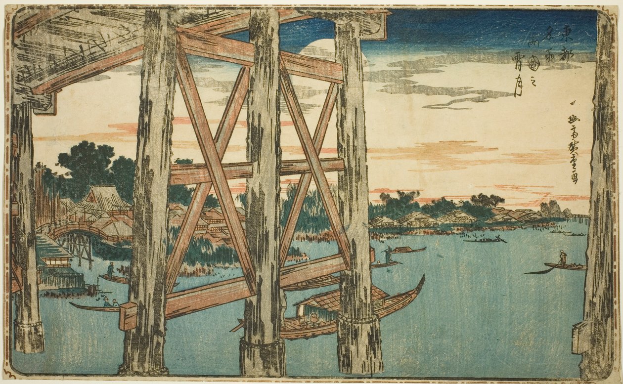 Twilight Moon na moście Ryogoku (Ryogoku no yoizuki), z serii „Słynne widoki na wschodnią stolicę (Toto Meisho)” autorstwa Utagawa Hiroshige
