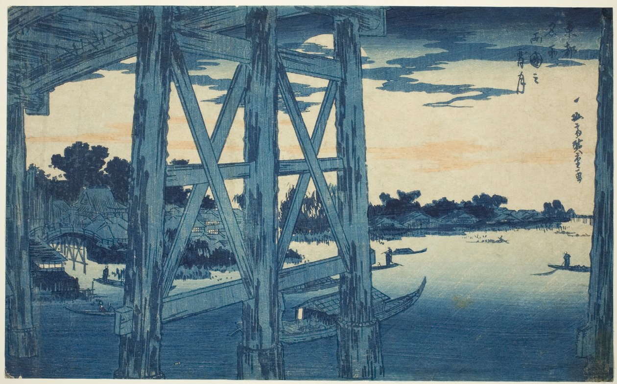 Twilight Moon na moście Ryogoku (Ryogoku no yoizuki), z serii „Słynne widoki na wschodnią stolicę (Toto meisho)” autorstwa Utagawa Hiroshige