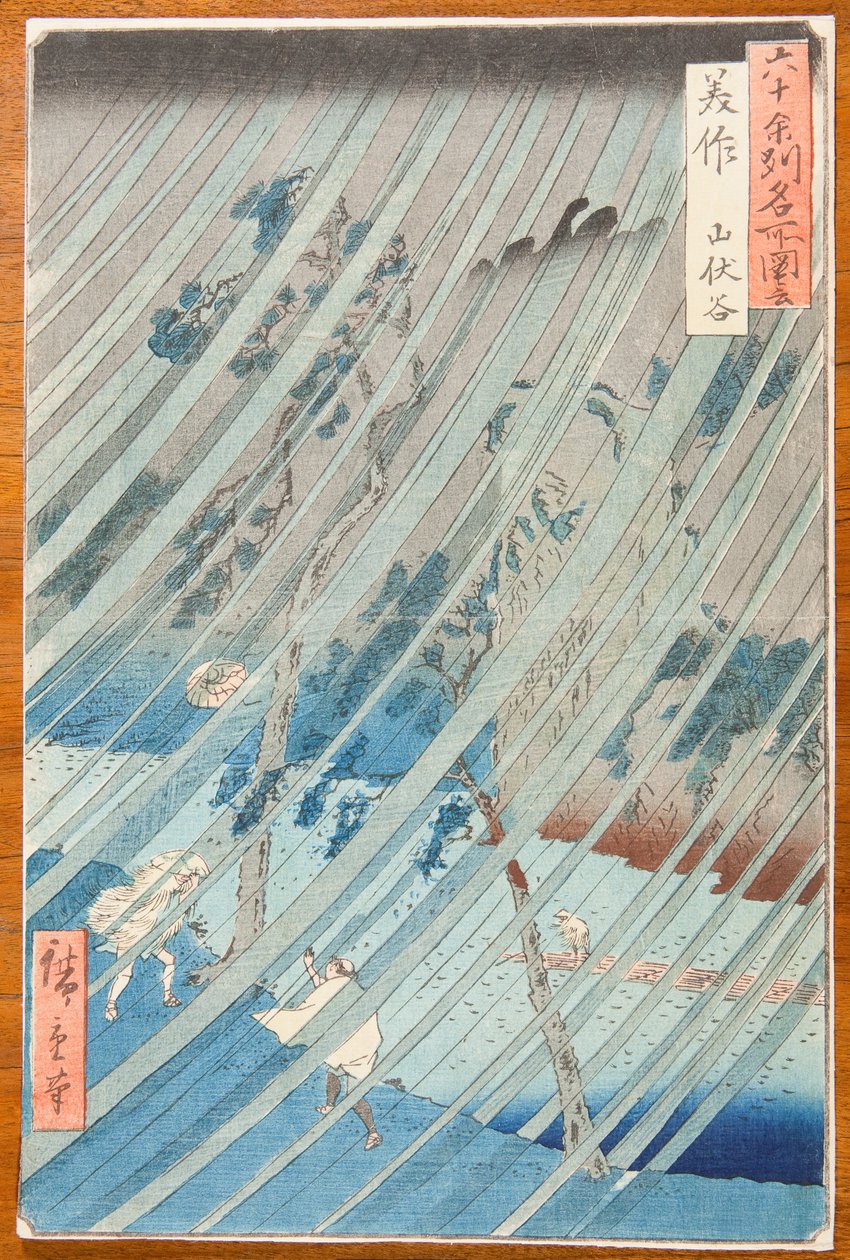Ulewa w dolinie Yamabushi w prowincji Mimasaka / Mimasaka. Yamabushidani, plansza 46. z serii: Widoki słynnych miejsc w sześćdziesięciu kilku prowincjach / Rokuju yoshu meisho zue autorstwa Utagawa Hiroshige
