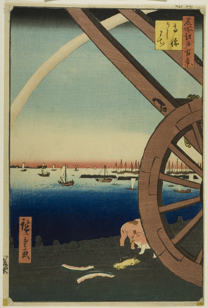 Ushimachi w Takanawa (Takanawa Ushimachi), z serii "Sto słynnych widoków Edo (Meisho Edo hyakkei)". autorstwa Utagawa Hiroshige