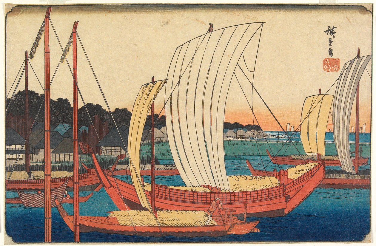 Widok łodzi wpływających do portu w Tsukudajimie autorstwa Utagawa Hiroshige