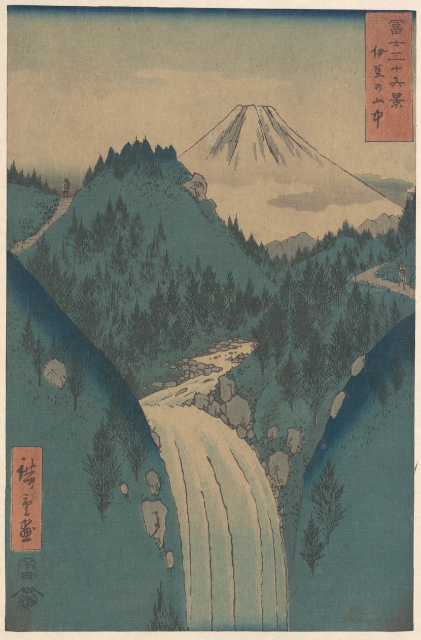 Widok na górę Fuji z gór w prowincji Izu (Izu no Sanchu), z cyklu „Trzydzieści sześć widoków góry Fuji” (Fugaku sanjūrokkei) autorstwa Utagawa Hiroshige