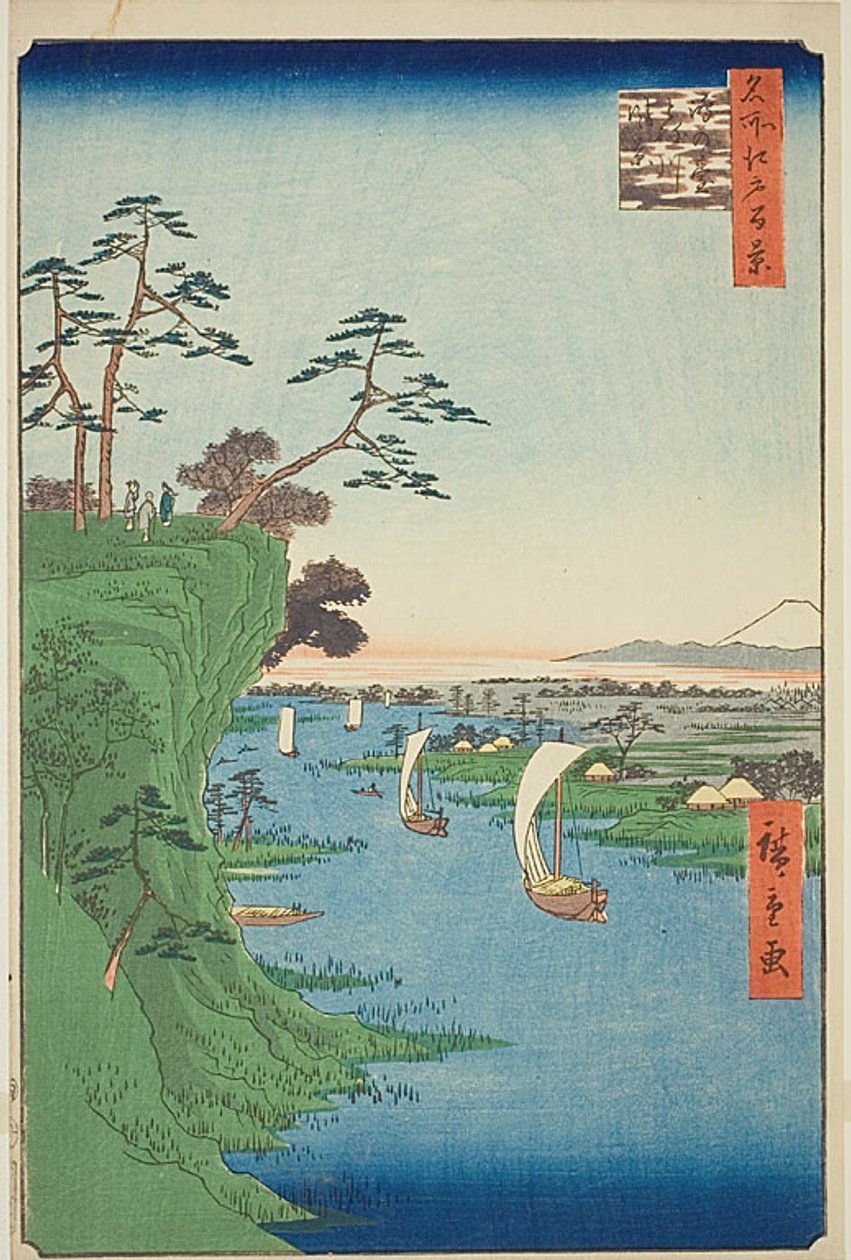 Widok na Konodai i rzekę Tone (Konodai Tonegawa fukei), nr 95 z serii "Sto słynnych widoków Edo (Meisho Edo hyakkei)". autorstwa Utagawa Hiroshige