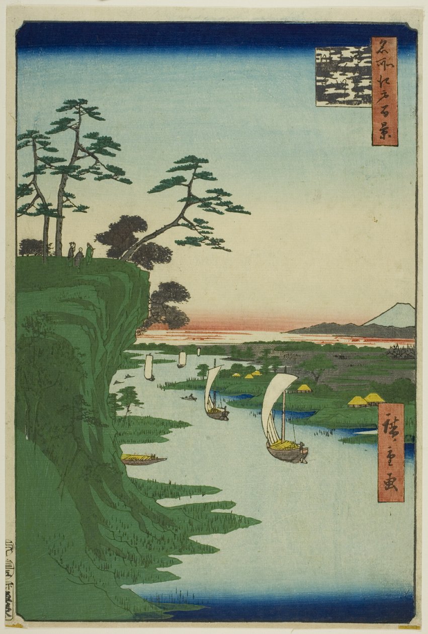Widok na Konodai i rzekę Tone (Konodai Tonegawa fukei), z serii "Sto słynnych widoków Edo (Meisho Edo hyakkei)". autorstwa Utagawa Hiroshige