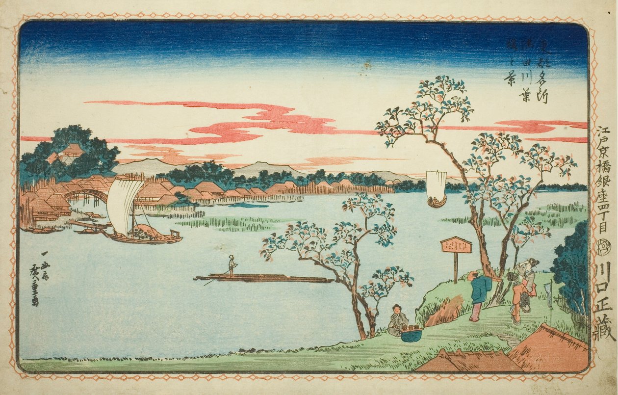 Widok liściastych wiśni wzdłuż rzeki Sumida (Sumidagawa hazakura no kei), z serii „Słynne widoki na wschodnią stolicę (Toto Meisho)” autorstwa Utagawa Hiroshige