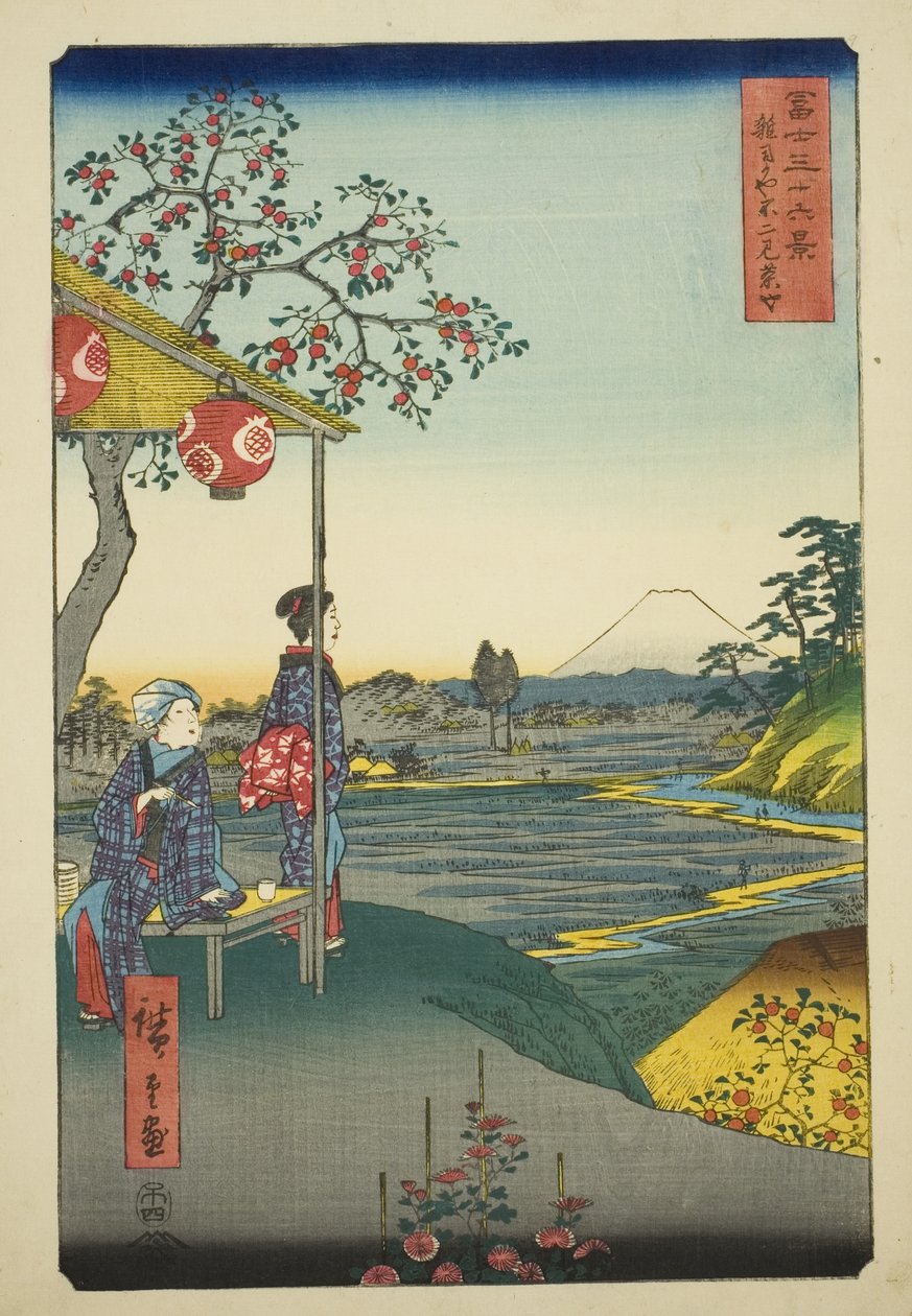 Widok na górę Fuji z herbaciarni w Zoshigaya (Zoshigaya Fujimi chaya), z cyklu „Trzydzieści sześć widoków na górę Fuji (Fuji sanjurokkei)” autorstwa Utagawa Hiroshige
