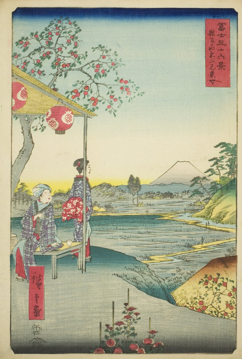 Widok na górę Fuji z herbaciarni w Zoshigaya (Zoshigaya Fujimi chaya), z cyklu „Trzydzieści sześć widoków na górę Fuji (Fuji sanjurokkei)” autorstwa Utagawa Hiroshige