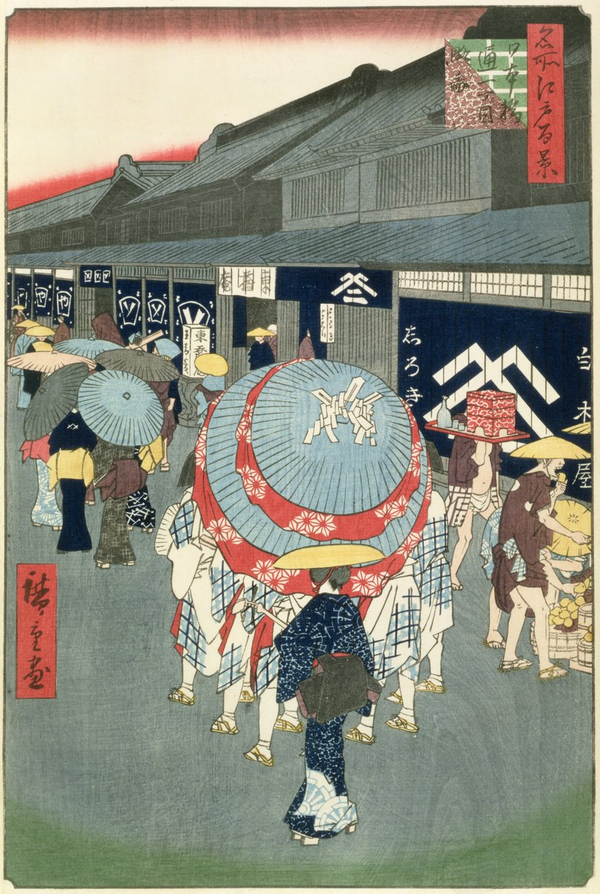 Widok Nihonbashi Tori-itchome (Nihonbashi Tori-itchome Ryakuzu), płyta 44 z One Hundred Views of Edo (kolorowy druk drzeworytu) autorstwa Utagawa Hiroshige