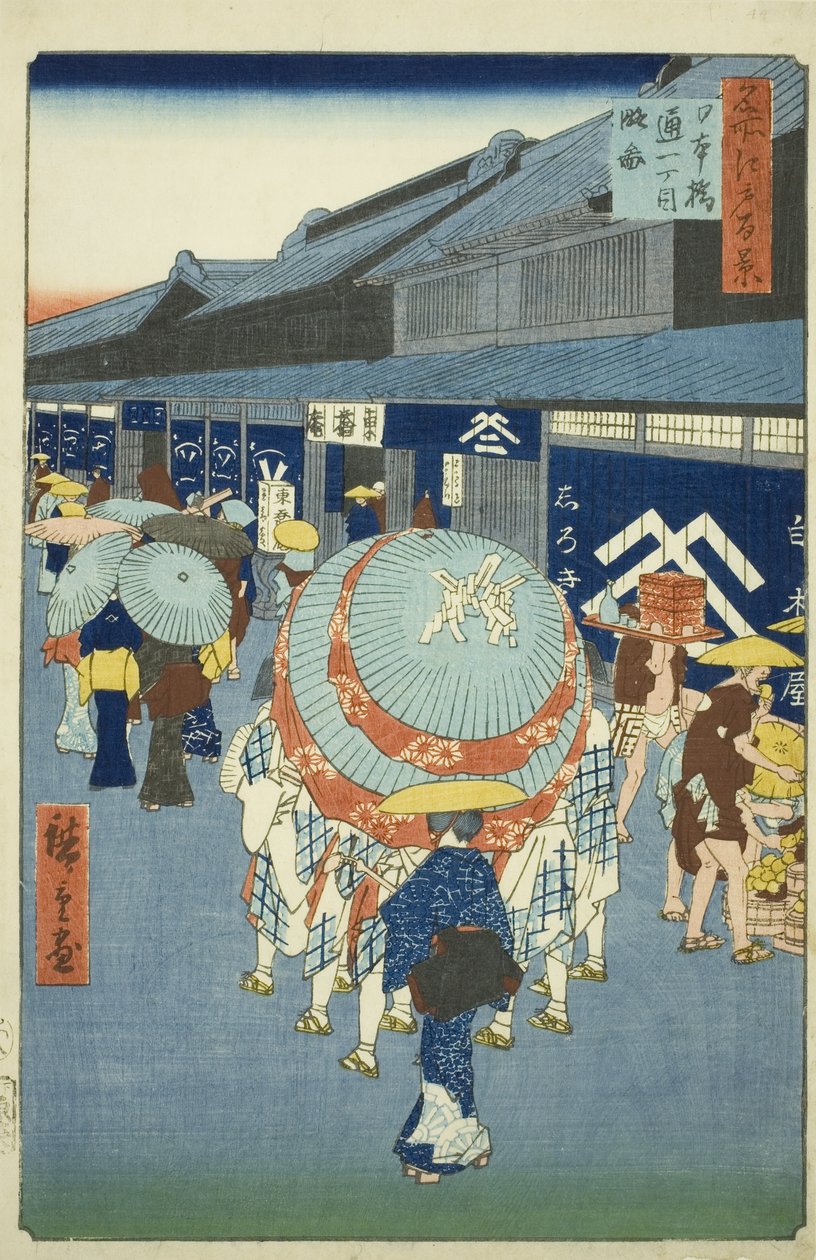 Widok tchome Nihonbashi Tori (szkic tchome Nihonbashi Tori), z serii Te „Ridge dre d fa net s views of Edo (Sto słynnych zabytków Edo)” autorstwa Utagawa Hiroshige