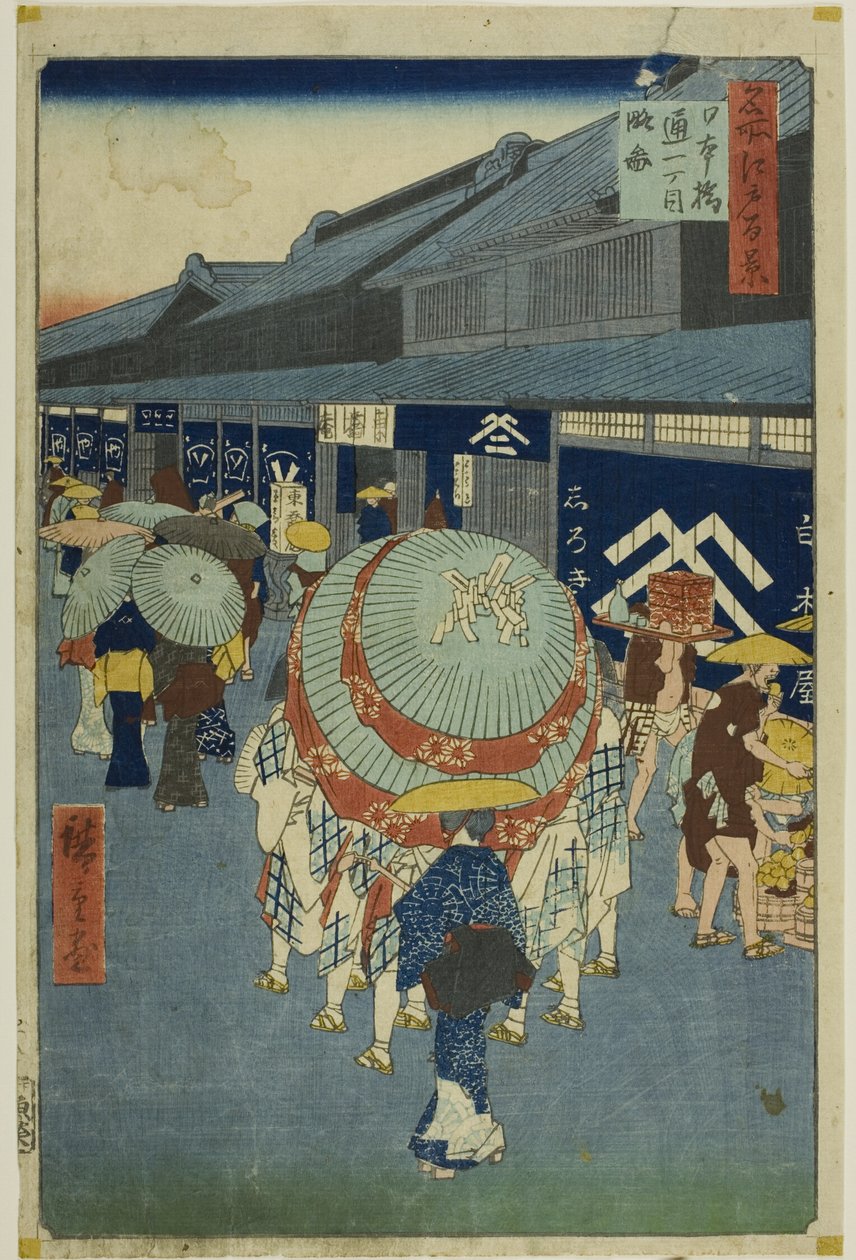Widok na Nihonbashi Tori-itchome (Nihonbashi Tori-itchome ryakuzu), z serii "Sto słynnych widoków Edo (Meisho Edo hyakkei)". autorstwa Utagawa Hiroshige