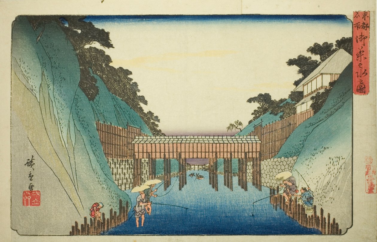 Widok Ochanomizu (Ochanomizu no zu), z cyklu „Słynne miejsca w stolicy Wschodu (Toto meisho)” autorstwa Utagawa Hiroshige