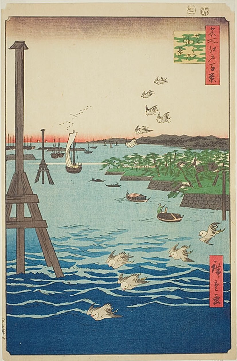 Widok wybrzeża Shiba (Shibaura no kei) z jasną i ciemnoniebieską wodą, nr 108 z serii Sto słynnych widoków Edo (Meisho Edo hyakkei) autorstwa Utagawa Hiroshige