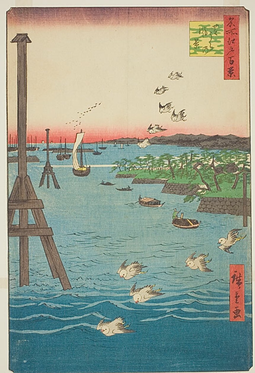 Widok wybrzeża Shiba (Shibaura no kei), z odcieniami jasnoniebieskiej wody, nr 108 z serii Sto słynnych widoków Edo (Meisho Edo hyakkei) autorstwa Utagawa Hiroshige