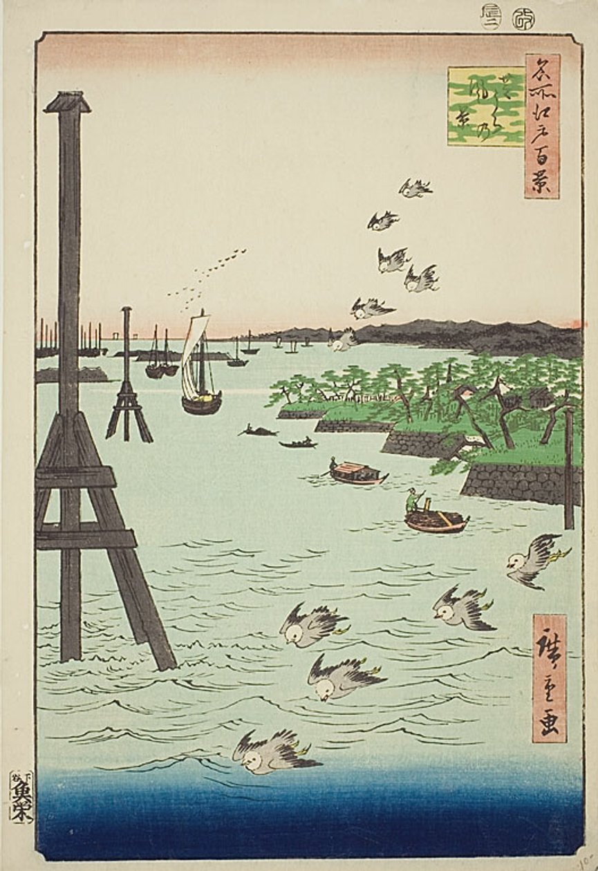 Widok wybrzeża Shiba (Shibaura no kei) z bardzo jasną i ciemnoniebieską wodą, nr 108 z serii Sto słynnych widoków Edo (Meisho Edo hyakkei) autorstwa Utagawa Hiroshige