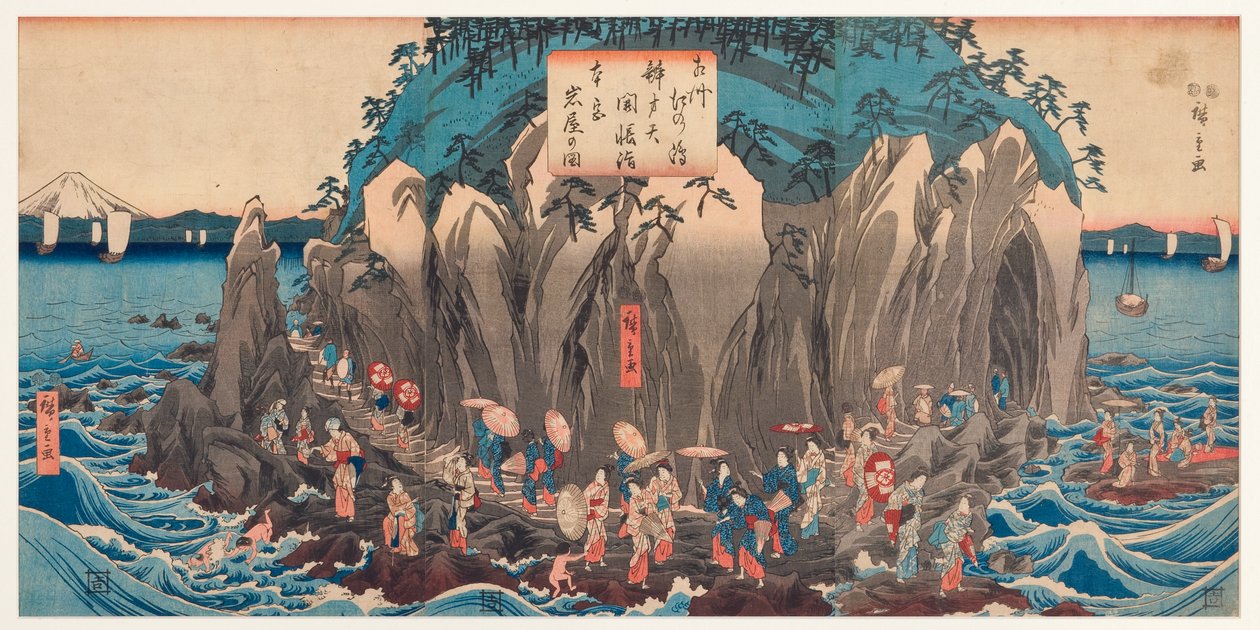Widok pielgrzymki do jaskini i sanktuarium Benzaiten w Enoshima, Sagami, ok. 1850-51 (drewniak) autorstwa Utagawa Hiroshige