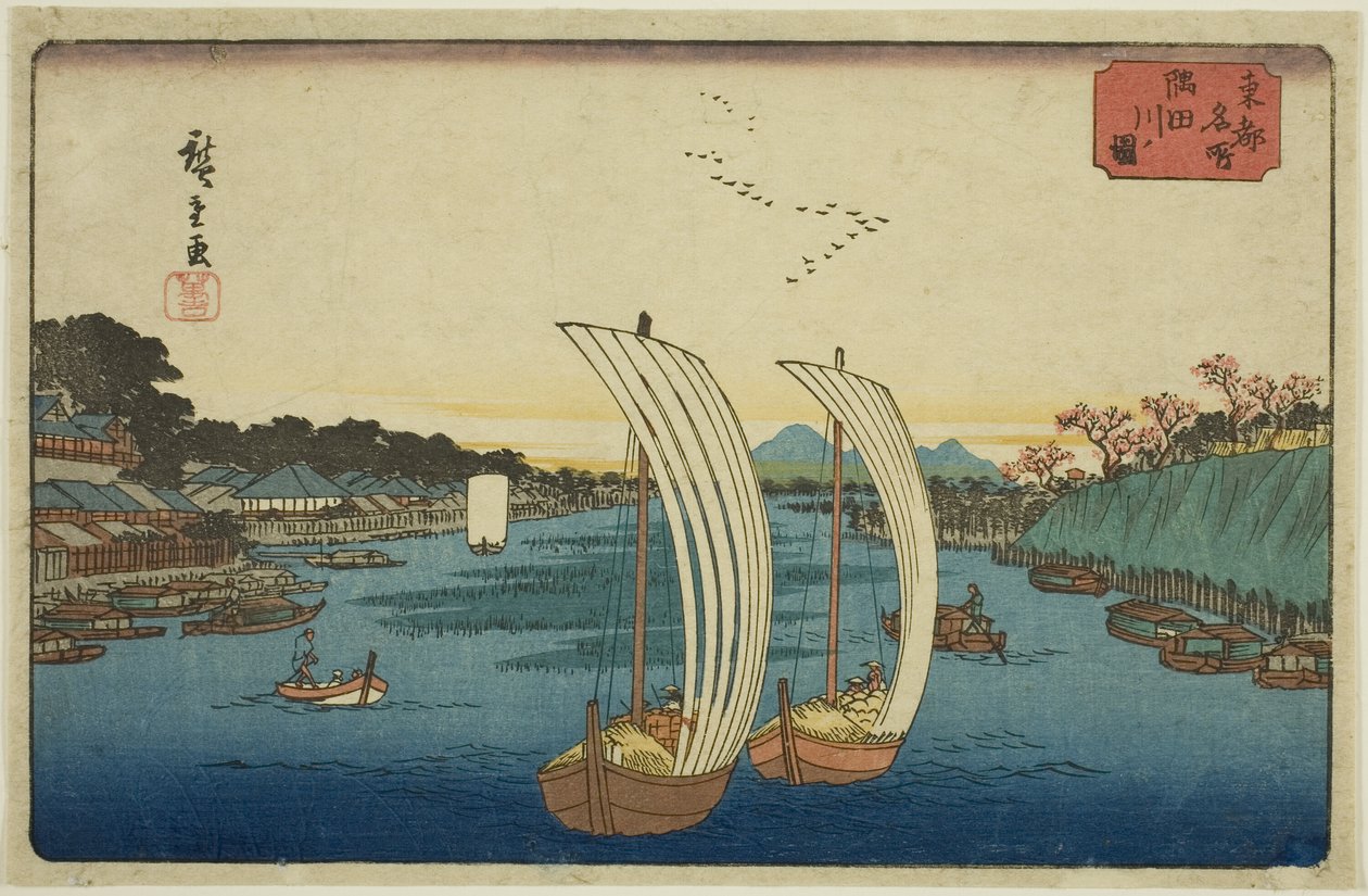 Widok na rzekę Sumida (Sumidagawa no zu), z cyklu „Słynne miejsca we wschodniej stolicy (Toto meisho)” autorstwa Utagawa Hiroshige