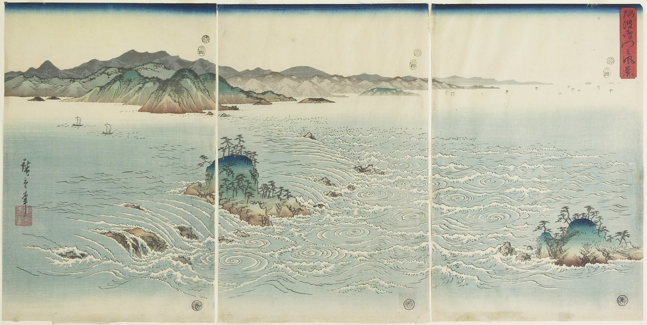 Widok wirów w prowincji Awa, 1857 autorstwa Utagawa Hiroshige
