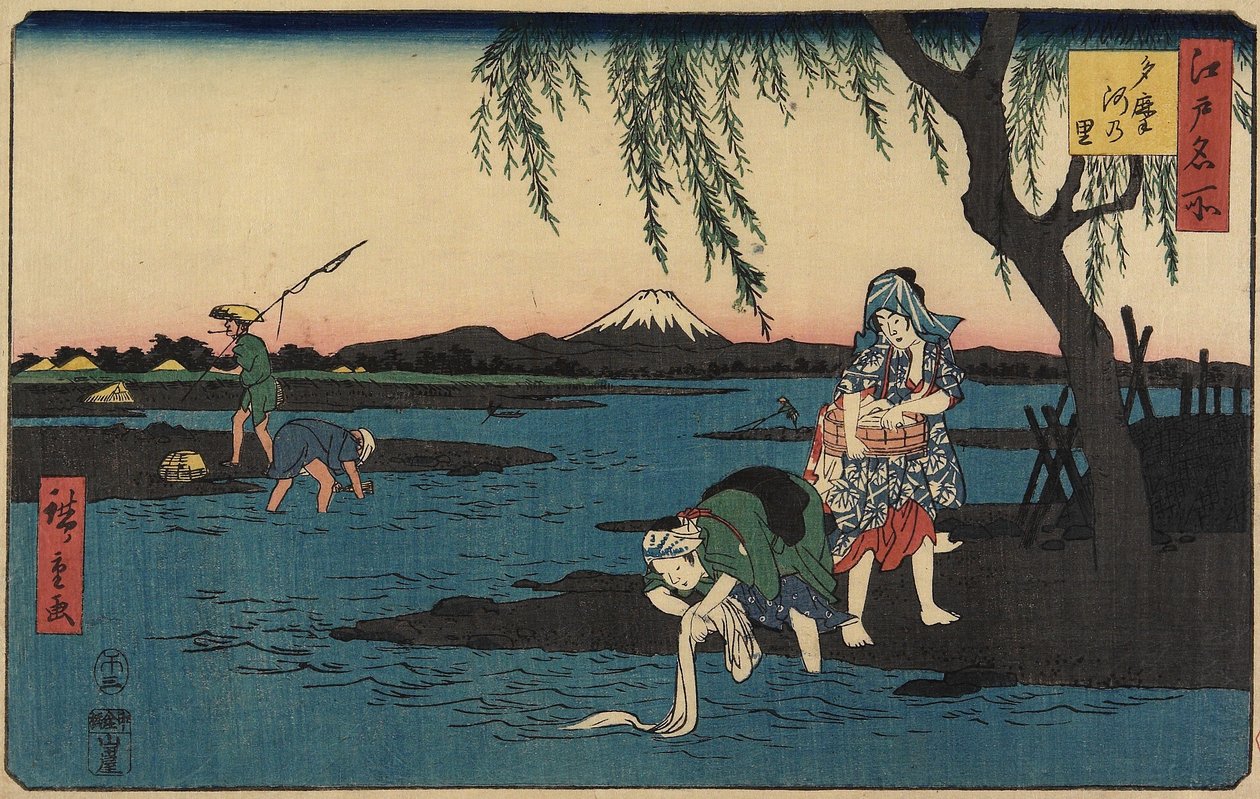 Wieś nad rzeką Tamagawa, marzec 1858 autorstwa Utagawa Hiroshige