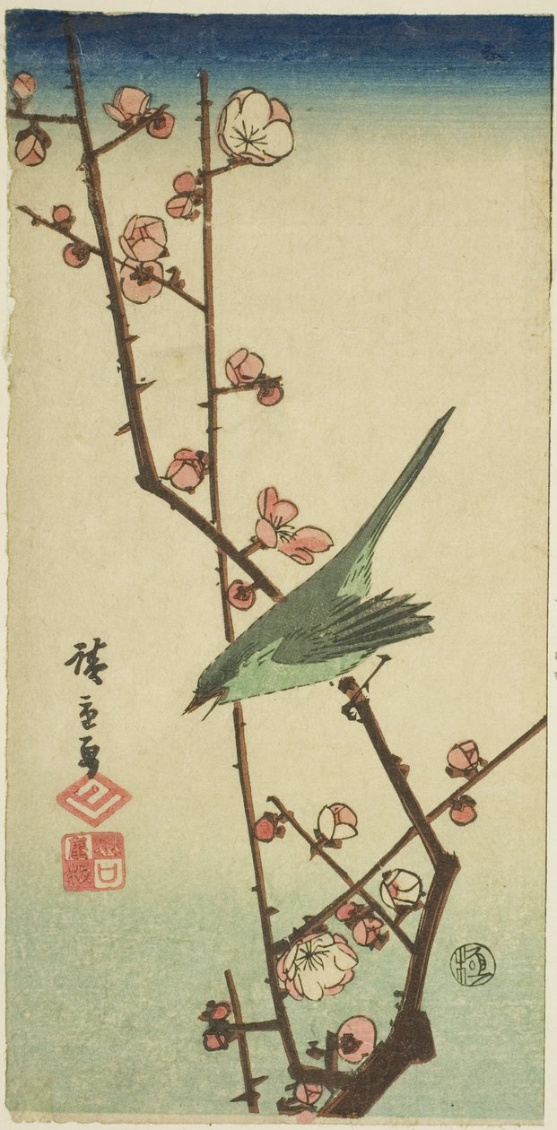 Pokrzewka na gałęzi śliwy autorstwa Utagawa Hiroshige