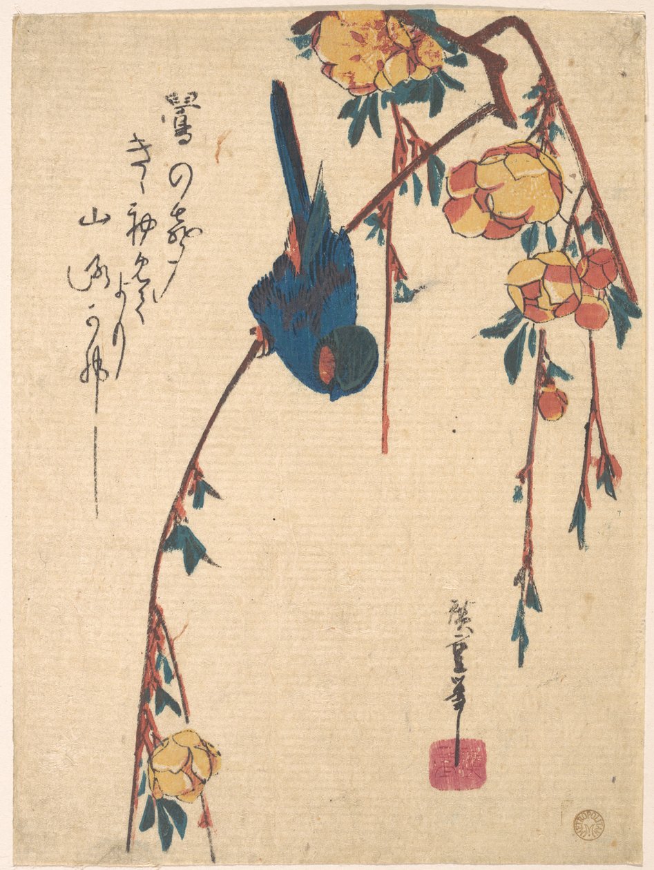 Wiśnia płacząca i błękitny ptak autorstwa Utagawa Hiroshige