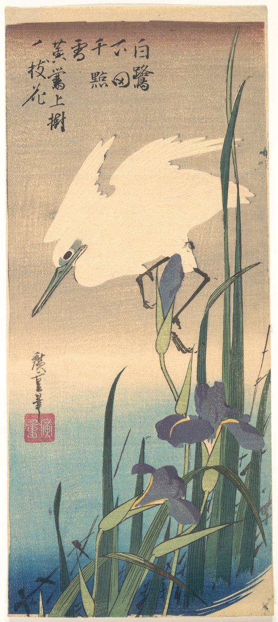 Biała czapla i irys autorstwa Utagawa Hiroshige