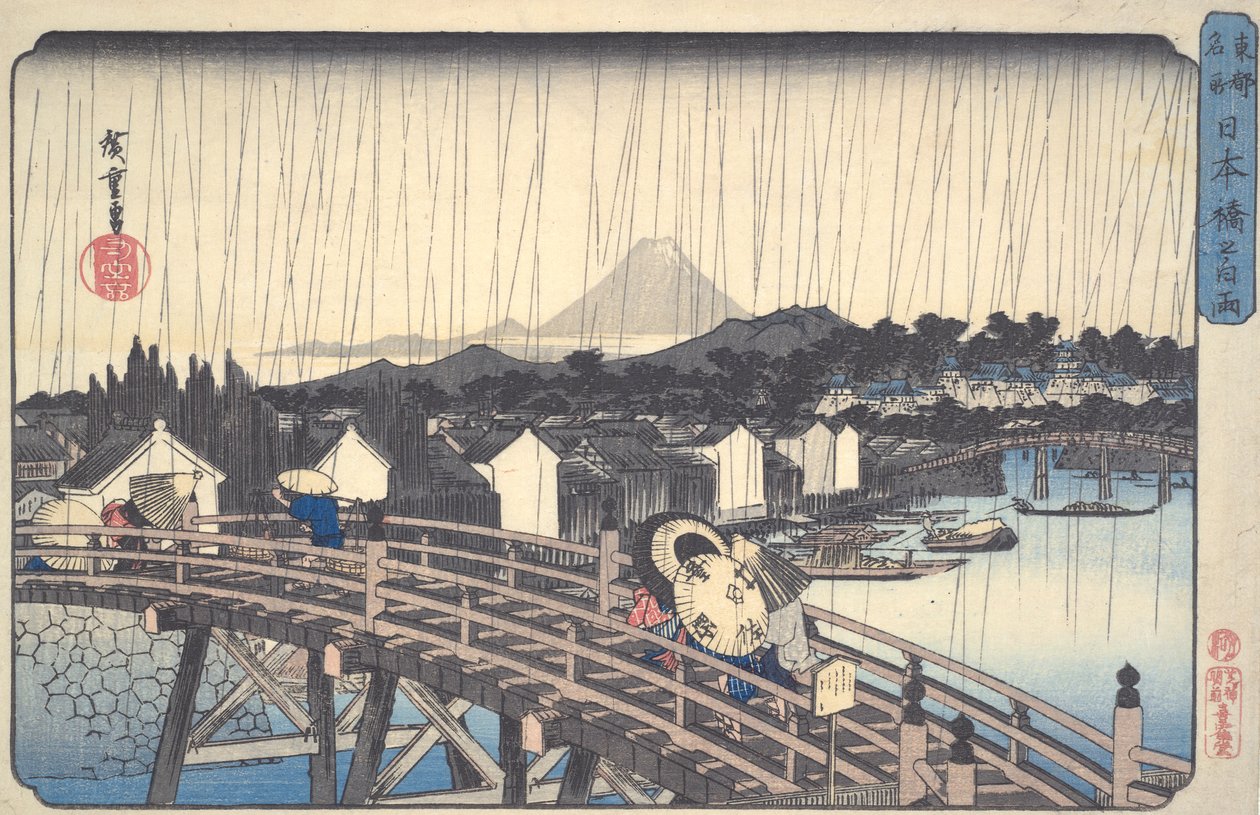 Biały deszcz na moście Nihon z cyklu Znane miejsca wschodniej stolicy autorstwa Utagawa Hiroshige