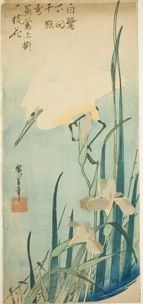 Czapla biała i irys autorstwa Utagawa Hiroshige