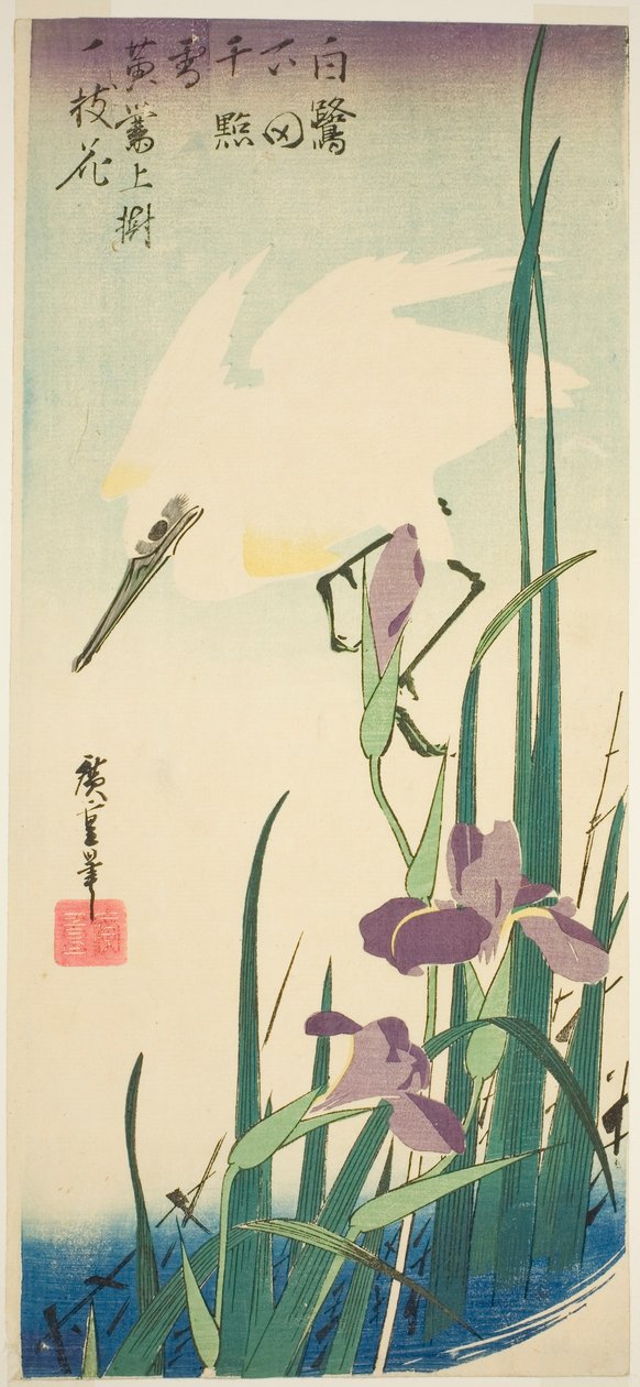 Czapla biała i irys autorstwa Utagawa Hiroshige