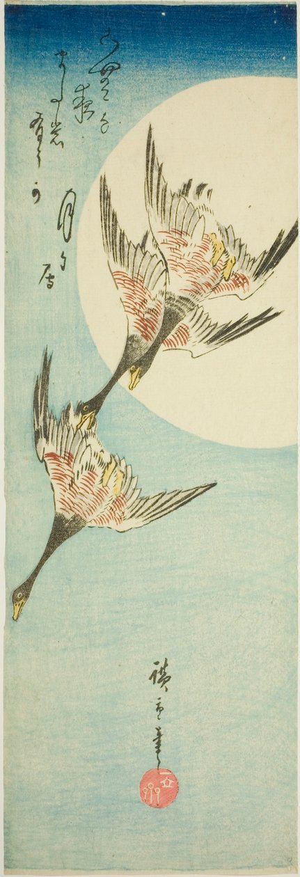 Dzikie gęsi latające w pełni księżyca autorstwa Utagawa Hiroshige