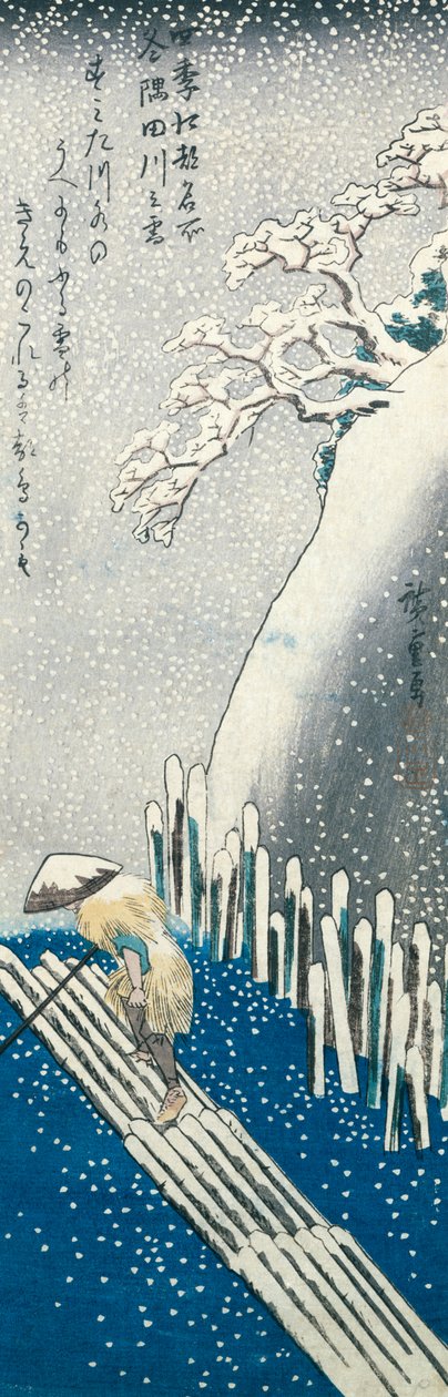 Zimowa scena (kolorowy drzeworyt) autorstwa Utagawa Hiroshige