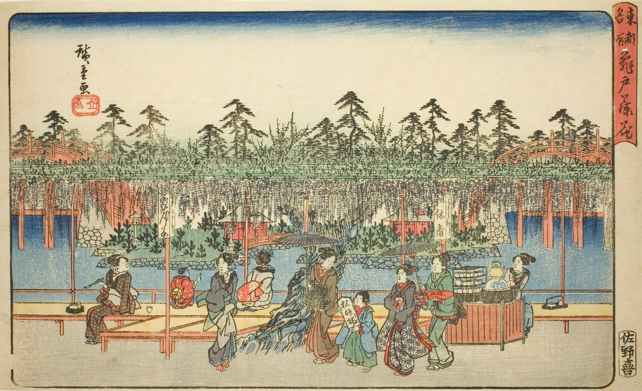 Wisteria w Kameido (Kameido Tenjin fuji hana), z serii „Słynne miejsca we wschodniej stolicy (Toto meisho)” autorstwa Utagawa Hiroshige