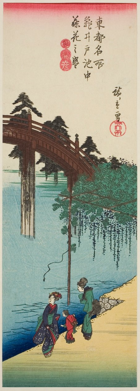 Glicynia w pełnym rozkwicie nad stawem w świątyni Kameido (Kameido ike chu fujibana no sakari), z serii „Słynne miejsca we wschodniej stolicy (Toto meisho)” autorstwa Utagawa Hiroshige