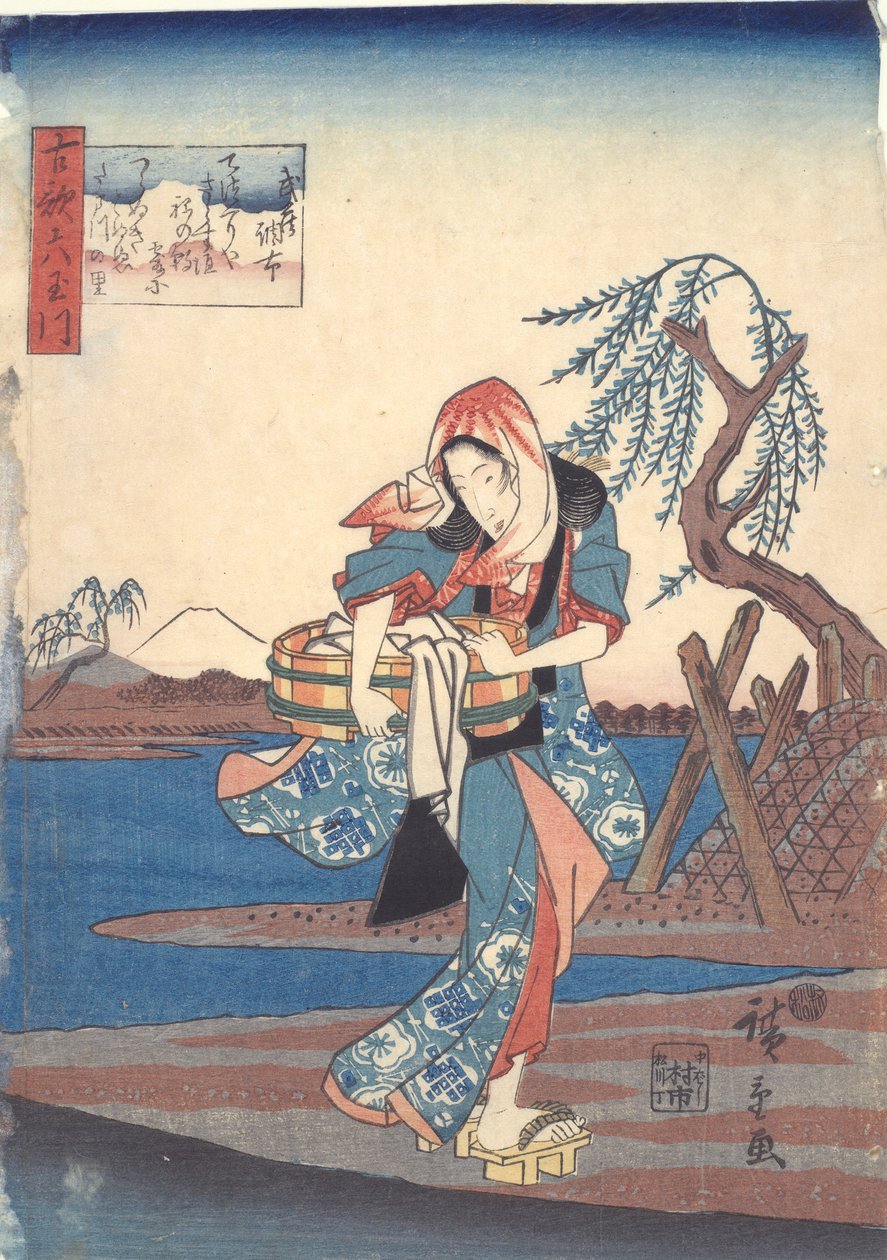 Kobieta piorąca ubrania nad rzeką Chofu: Sześć rzek Tama autorstwa Utagawa Hiroshige