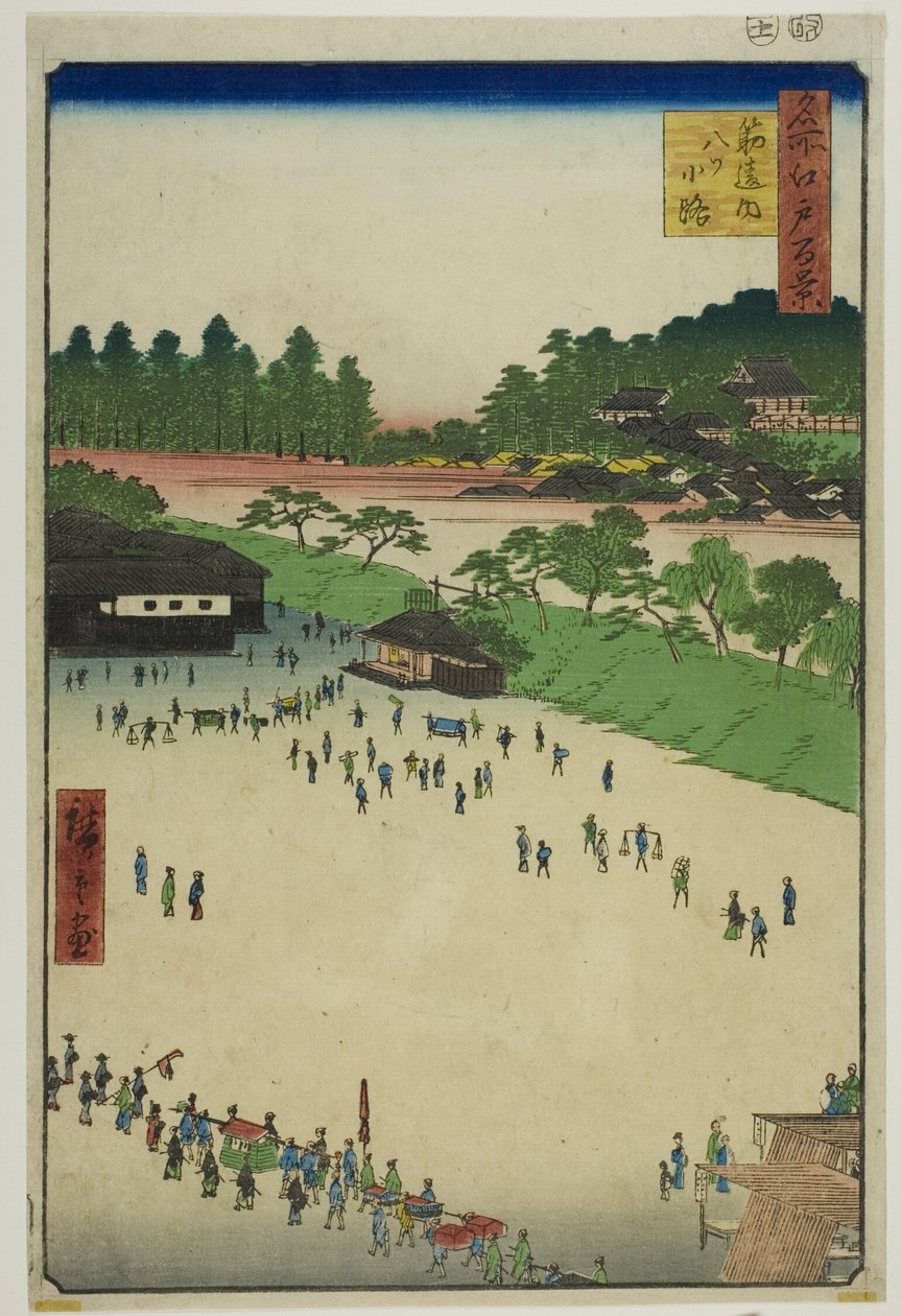 Yastukoji, Wewnątrz bramy Sujikai (Sujikai-uchi Yatsukoji), z serii "Sto słynnych widoków Edo (Meisho Edo hyakkei)". autorstwa Utagawa Hiroshige