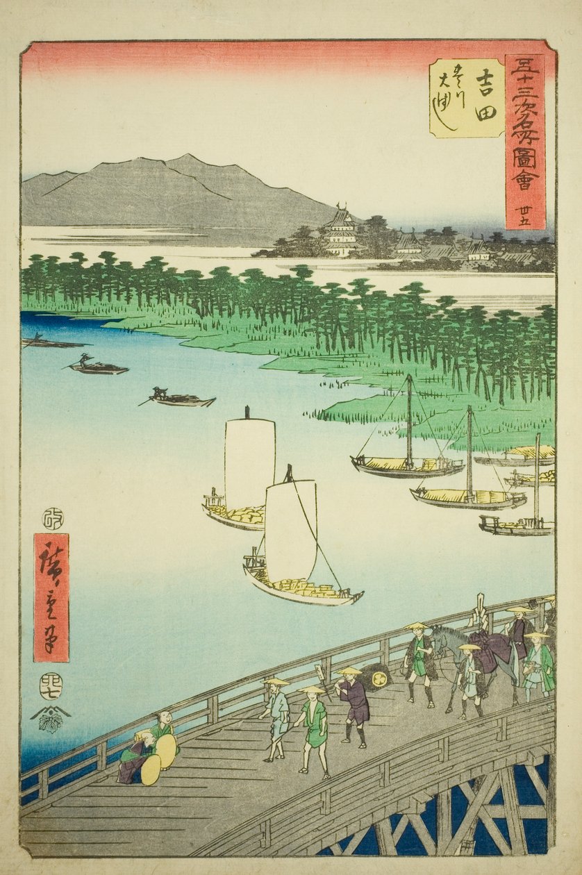 Yoshida: Wielki Most na rzece Toyo (Yoshida, Toyokawa ohashi), nr. 35 z cyklu „Słynne zabytki pięćdziesięciu trzech stacji (Gojusan tsugi meisho zue),” znanego również jako Vertical Tokaido autorstwa Utagawa Hiroshige