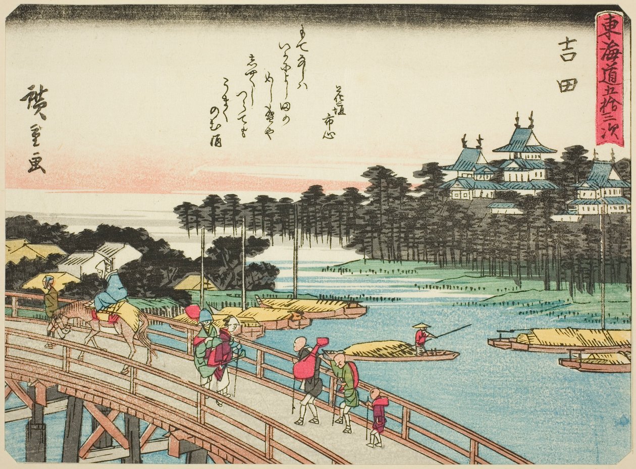 Yoshida, z serii „Pięćdziesiąt trzy stacje Tokaido (Tokaido gojusan tsugi),” znany również jako Tokaido z wierszem (Kyoka iri Tokaido) autorstwa Utagawa Hiroshige