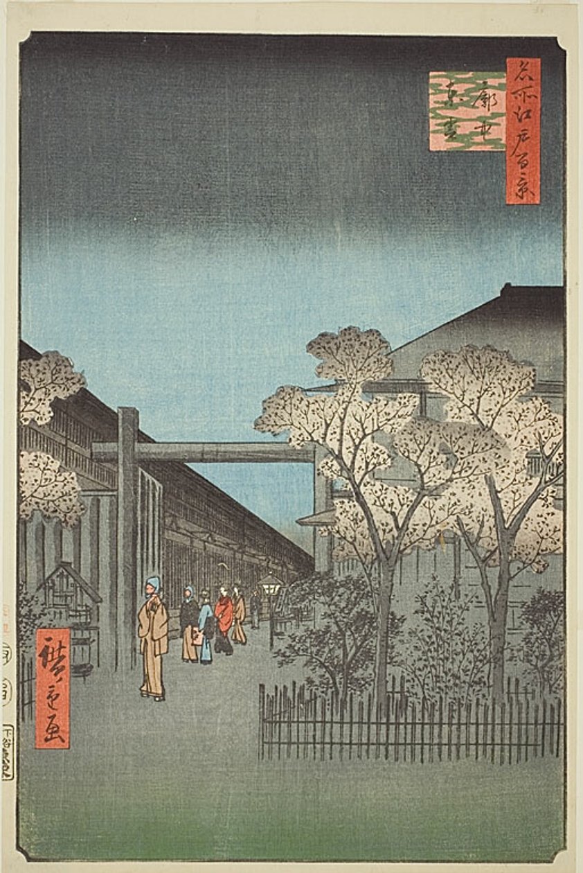 Yoshiwara Licensed Quarters at Dawn (Kakuchu shinonome), nr 38 z serii "One Hundred Famous Views of Edo (Meisho Edo hyakkei)". autorstwa Utagawa Hiroshige