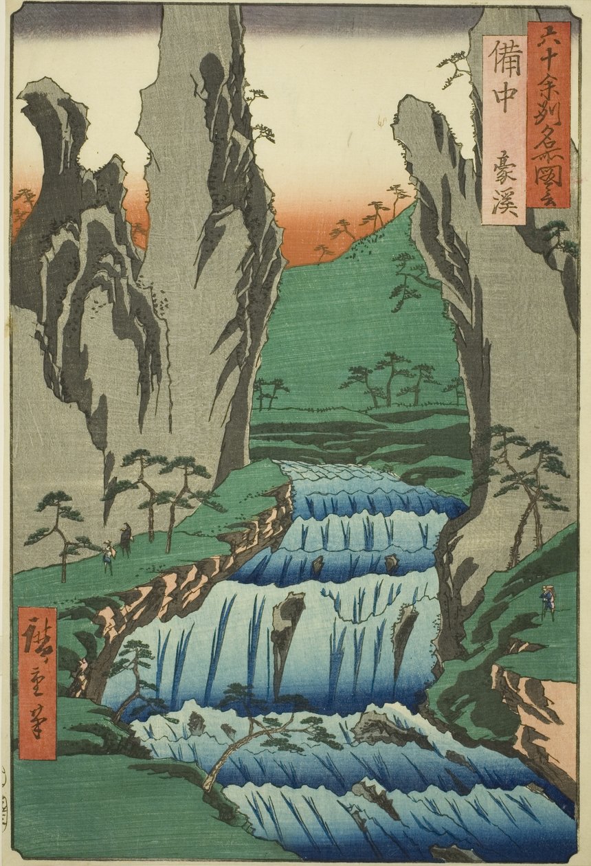 Prowincja Bitchu: Gokei (Bitchu, Gokei), z serii "Słynne miejsca w sześćdziesięciu prowincjach (Rokujuyoshu meisho zue)". autorstwa Utagawa Hiroshige III