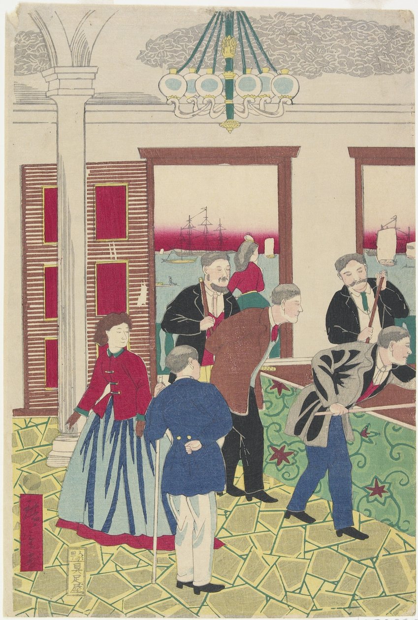 Cudzoziemcy na grze w bilard, koniec XIX wieku autorstwa Utagawa Hiroshige III