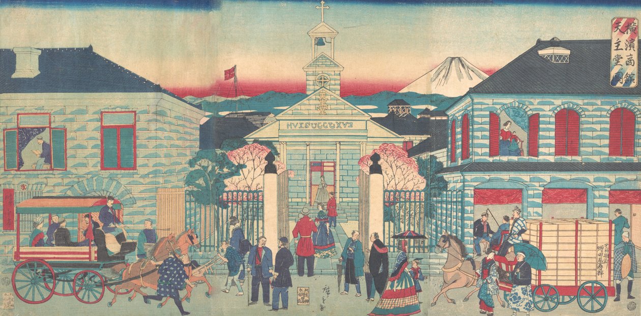 Ilustracja przedstawiająca zagraniczne rezydencje i kościół katolicki w Jokohamie Jokohama..., 10. miesiąc, 1870 r. autorstwa Utagawa Hiroshige III