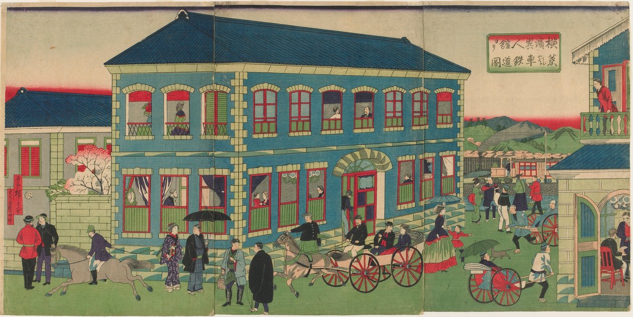 Zdjęcie pociągu parowego z zagranicznych placówek Yokohamy w epoce Meiji autorstwa Utagawa Hiroshige III