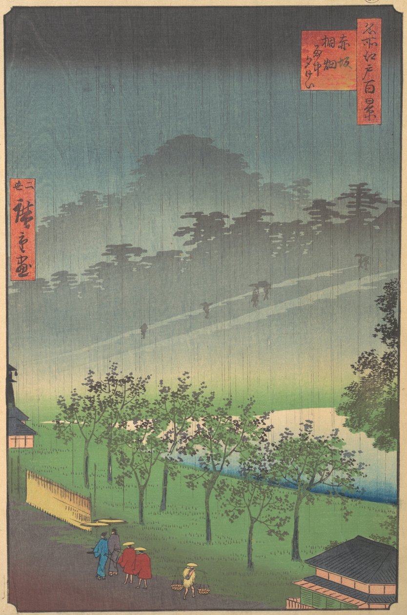 Wieczorny widok Kiribaty w deszczu w Akasace, 1859. autorstwa Utagawa Hiroshige II