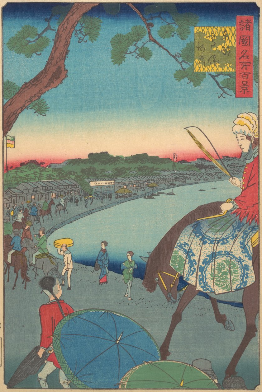 Cudzoziemcy jadący wzdłuż wybrzeża w Takanawie we wschodniej stolicy, 9 miesiąc 1861. autorstwa Utagawa Hiroshige II