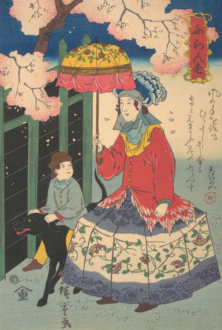 Francuzka, jej dziecko i pies, 10. miesiąc, 1860. autorstwa Utagawa Hiroshige II