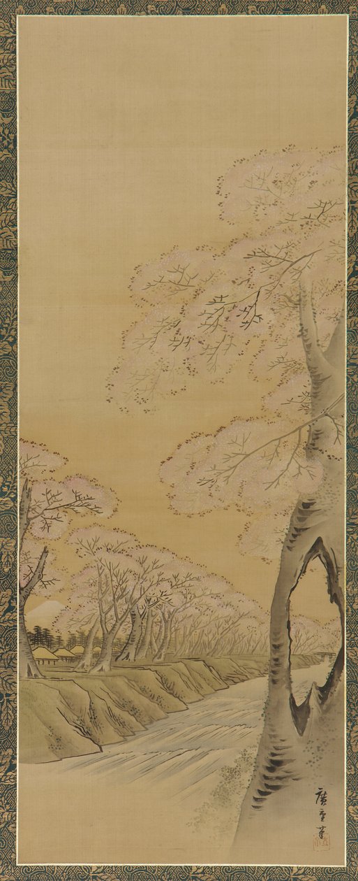 Krajobraz: kwitnące drzewa wiśniowe wzdłuż brzegów potoku, okres Edo, 1615-1868. autorstwa Utagawa Hiroshige II
