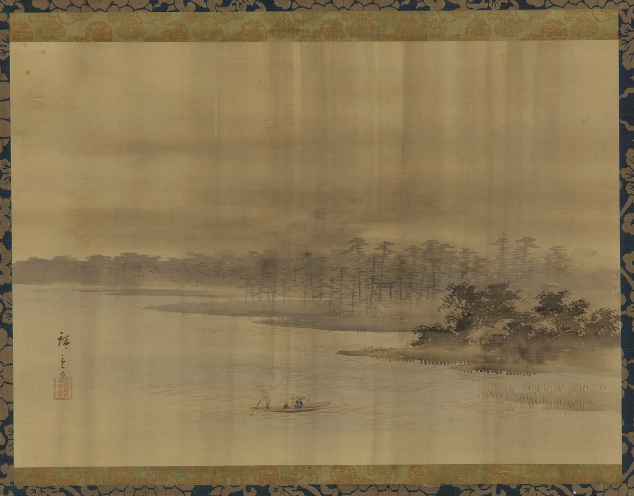 Krajobraz rzeki i świątynia w deszczu, okres Edo, XIX wiek. autorstwa Utagawa Hiroshige II