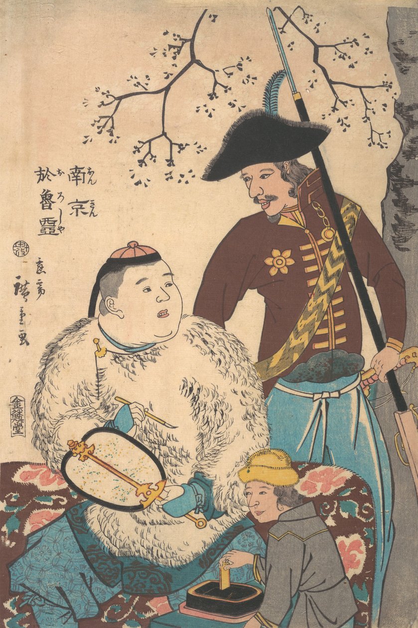 Rosjanie i Chińczycy wpisujący wachlarz, 12 miesiąc, 1860. autorstwa Utagawa Hiroshige II