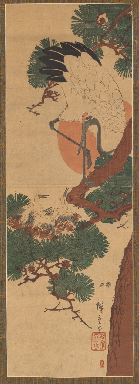 Bocian, Słońce i Sosna autorstwa Utagawa Hiroshige II