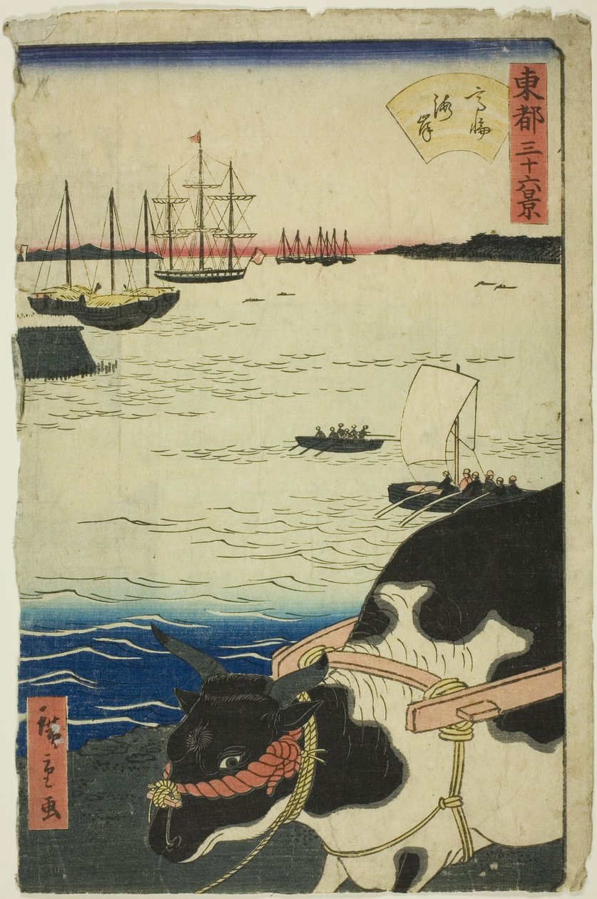Plaża w Takanawie (Takanawa kaigan), z serii „Trzydzieści sześć widoków na wschodnią stolicę (Toto sanjurokkei)” autorstwa Utagawa Hiroshige II